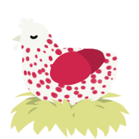 A white and crimson chicken with a speckle pattern