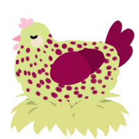 A lemon and maroon chicken with a speckle pattern