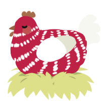 A crimson and white chicken with a bar pattern