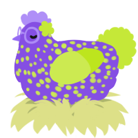 A blurple and lime chicken with a speckle pattern