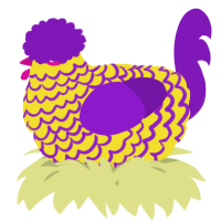 A yellow and violet chicken with a lace pattern