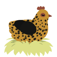 A gold and black chicken with a speckle pattern