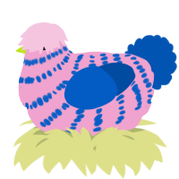 A pink and ultramarine chicken with a bar pattern