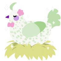 A white and gluppy chicken with a speckle pattern