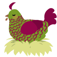 A chartreuse and maroon chicken with a lace pattern