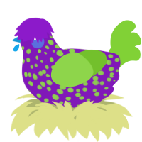 A violet and grass chicken with a speckle pattern
