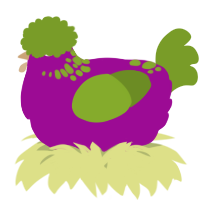 A plum and chartreuse chicken with a neck-speckle pattern