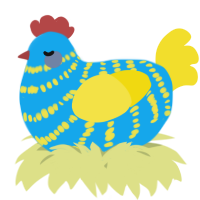 A sky and yellow chicken with a bar pattern