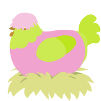 Peach, a pink and lime chicken with a head pattern