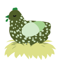 Pickle, a olive and gluppy chicken with a speckle pattern