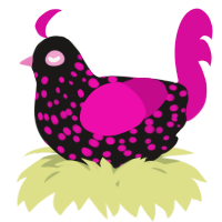 A sable and fuchsia chicken with a speckle pattern