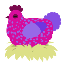 A fuchsia and blurple chicken with a speckle pattern