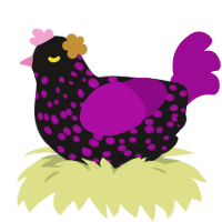 Yumi, a sable and plum chicken with a speckle pattern