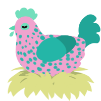 A pink and turquoise chicken with a speckle pattern