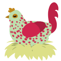 A gluppy and crimson chicken with a speckle pattern