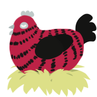 A crimson and black chicken with a bar pattern