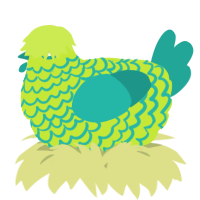 A lime and turquoise chicken with a lace pattern