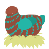 Bob the Blob, a russet and turquoise chicken with a bar pattern
