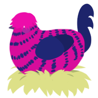 4, a fuchsia and navy chicken with a bar pattern