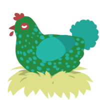A viridian and turquoise chicken with a speckle pattern