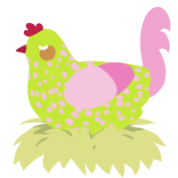 A lime and pink chicken with a speckle pattern