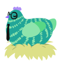 Pickles, a turquoise and spring chicken with a bar pattern