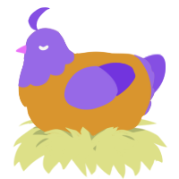 A orange and blurple chicken with a head pattern