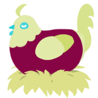 A maroon and lemon chicken with a head pattern