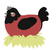 Pogo, a red and black chicken with a head pattern