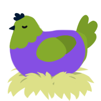A blurple and chartreuse chicken with a head pattern