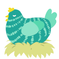 A turquoise and mint chicken with a bar pattern