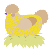A yellow and beige chicken with a lace pattern