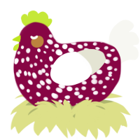 A maroon and white chicken with a speckle pattern