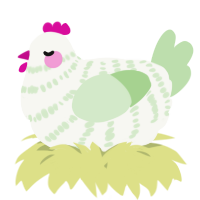 A white and gluppy chicken with a bar pattern