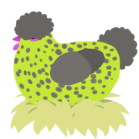 A lime and grey chicken with a speckle pattern