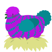 A amethyst and teal chicken with a bar pattern