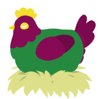 A viridian and wine chicken with a head pattern