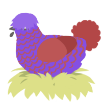 A blurple and red chicken with a lace pattern