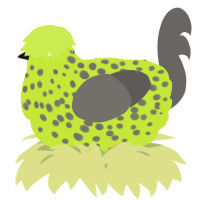 A lime and grey chicken with a speckle pattern