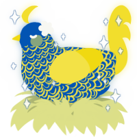 A ultramarine and yellow chicken with a double-lace pattern