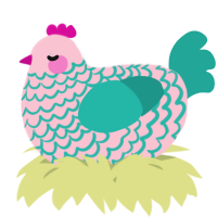 A rose and turquoise chicken with a lace pattern