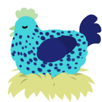 A aqua and navy chicken with a speckle pattern