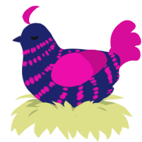 A navy and fuchsia chicken with a bar pattern