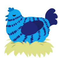 A sky and navy chicken with a bar pattern