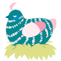 Watermelon, a teal and rose chicken with a bar pattern