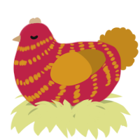 A crimson and ochre chicken with a bar pattern