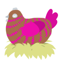 A brown and fuchsia chicken with a bar pattern