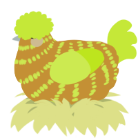 A gold and lime chicken with a bar pattern
