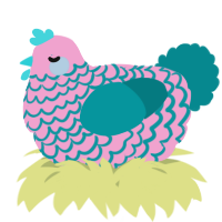A pink and teal chicken with a lace pattern