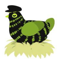 A black and chartreuse chicken with a bar pattern
